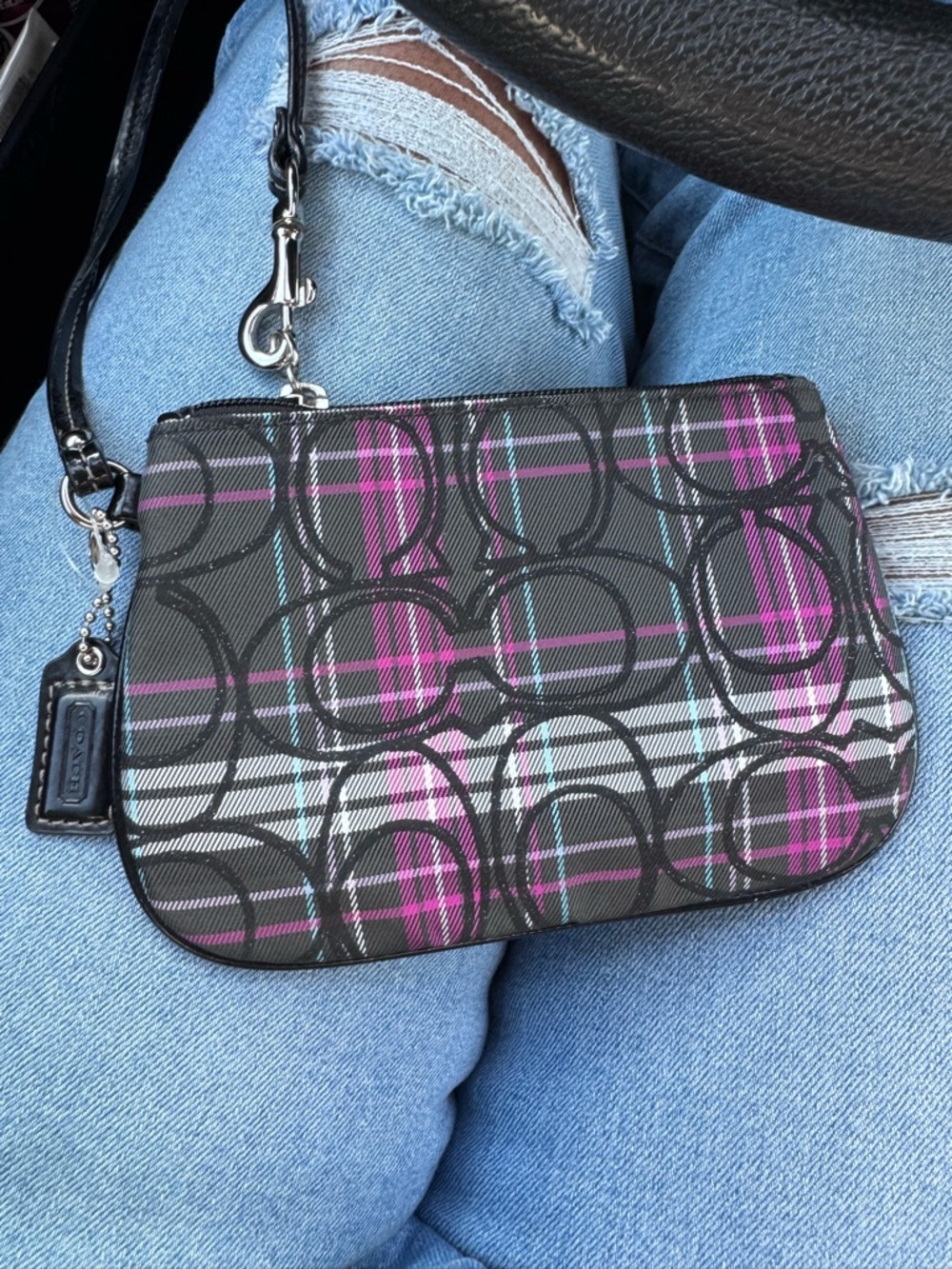 Coach Black Wristlet with Pink and Teal Plaid Overlay